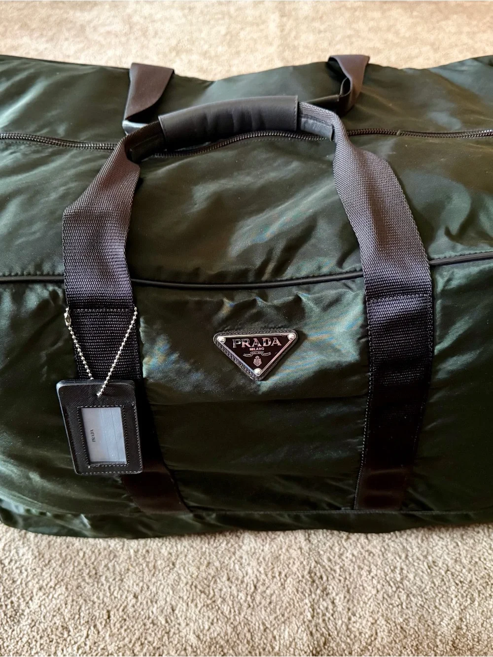 Prada Large Green Nylon Duffel Bag w/Black Straps, Leather Handles, Tag & Lock!